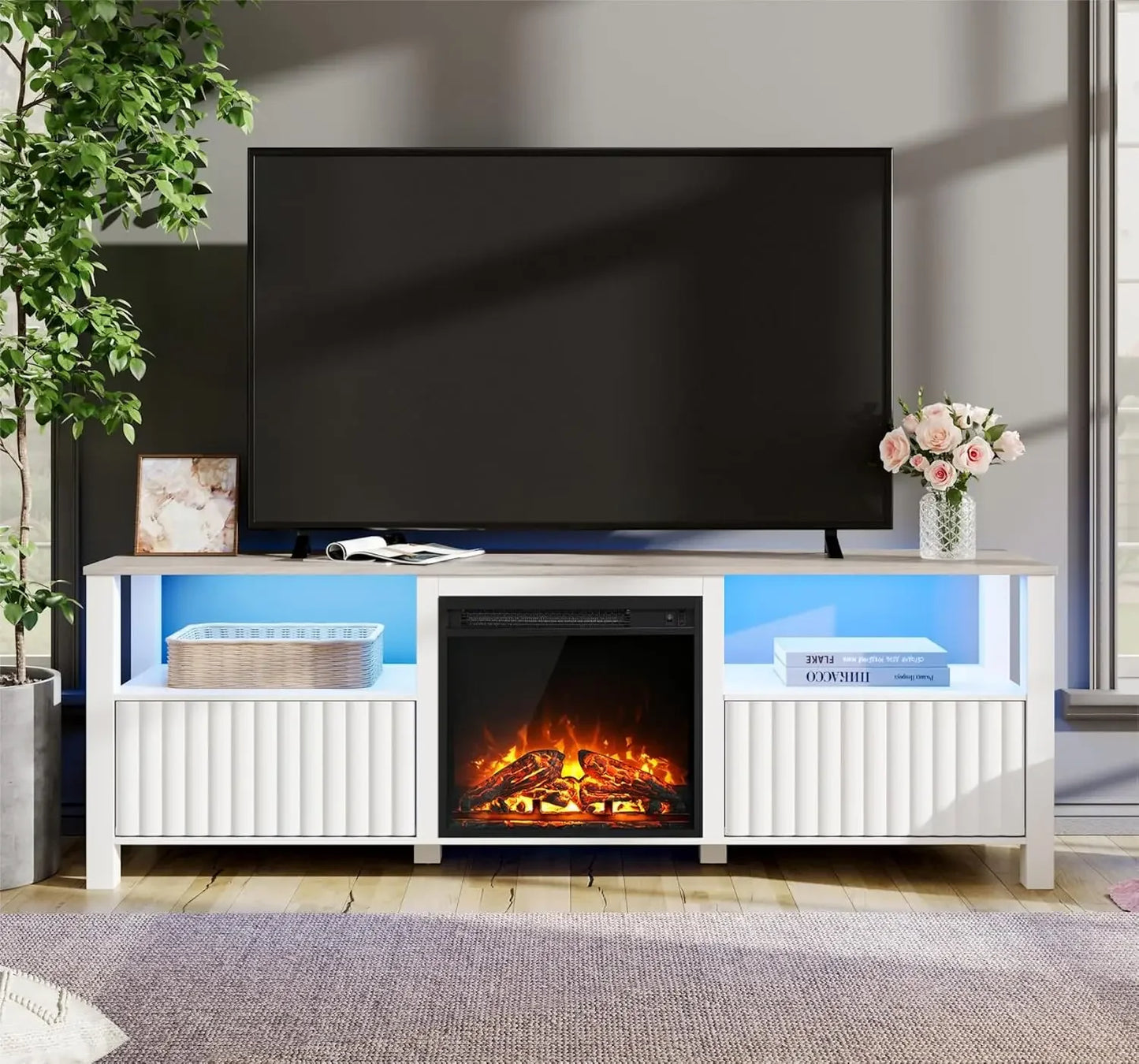70 Inch Electric Fireplace TV Stand with LED Light Modern Entertainment Center