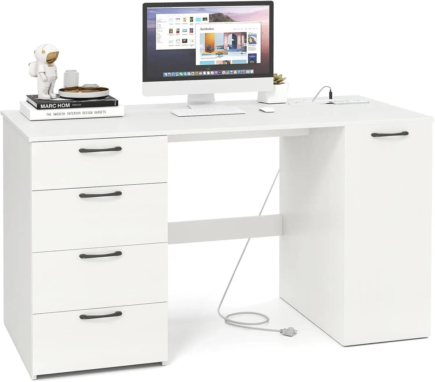Ljustra Computer Desk with 4 Drawers Charging Station Adjustable Shelf