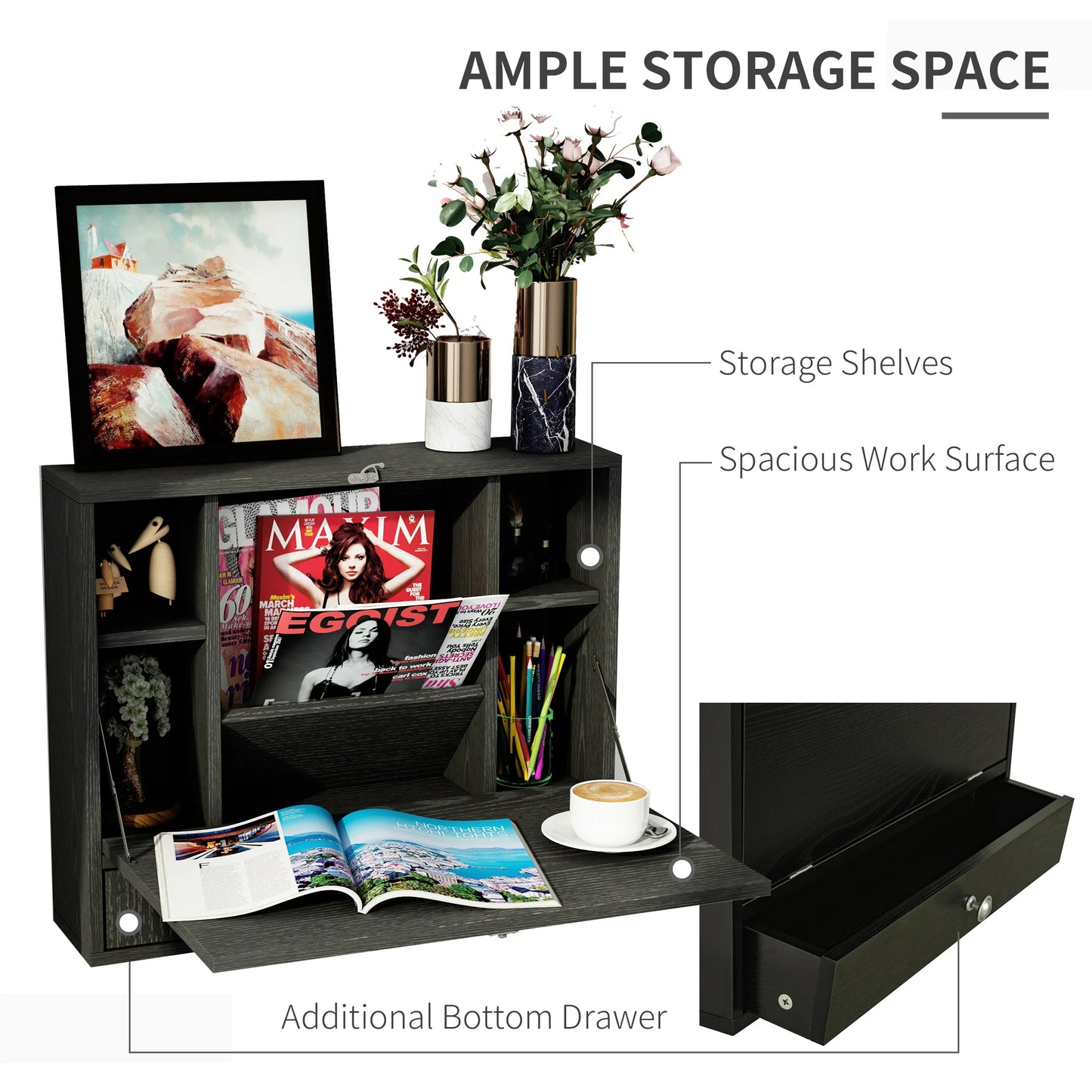 Black Wall Mounted Foldable Desk Space Saving Children Workstation