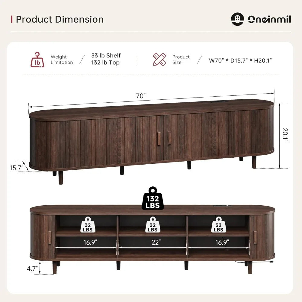 70 Inch Mid Century Modern TV Stand Sliding Doors Wood Entertainment Center