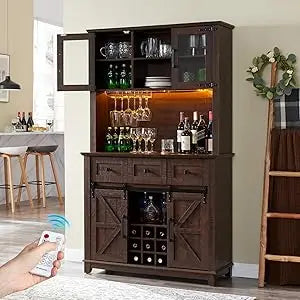 Coffee Bar Cabinet Sliding Barn Door 72" Farmhouse Sideboard Storage