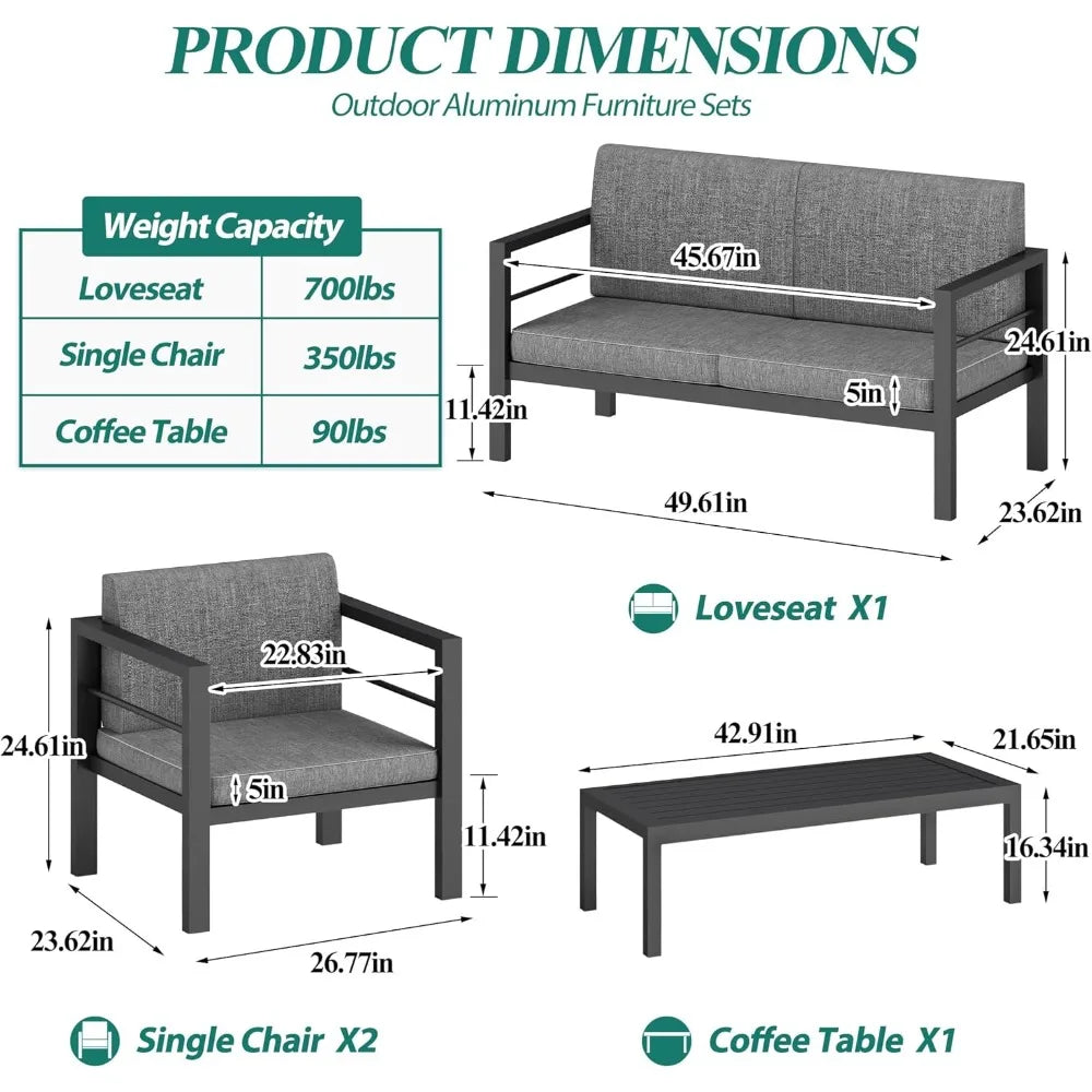 Outdoor Aluminum Sofa Set with Removable Cushions 4 Piece Patio Set
