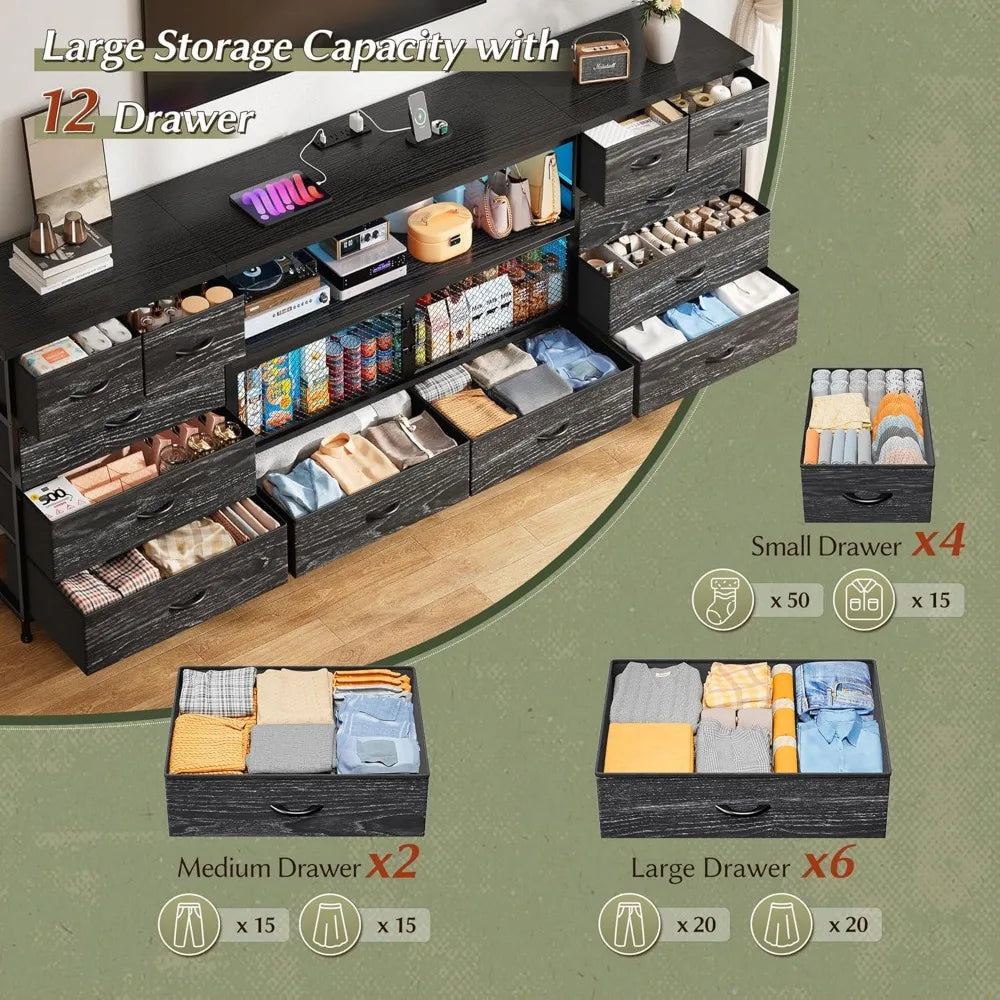 71 Inch Modern TV Stand with LED Lights Charging Station and 12 Drawers