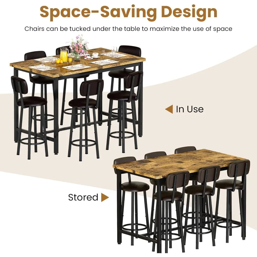 7-Piece Modern Dining Table Set with 6 PU Leather Bar Chairs