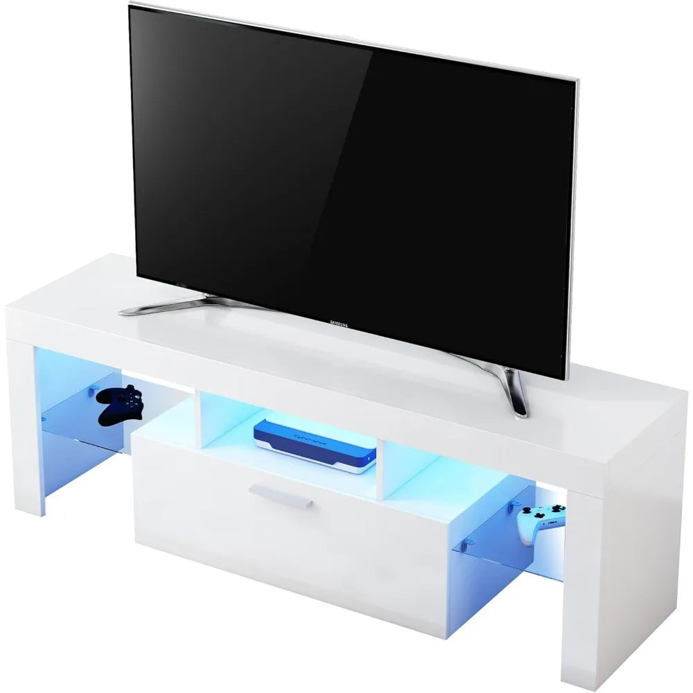 Modern White TV Stand with LED Lights for 32-55 Inch TVs Entertainment Center