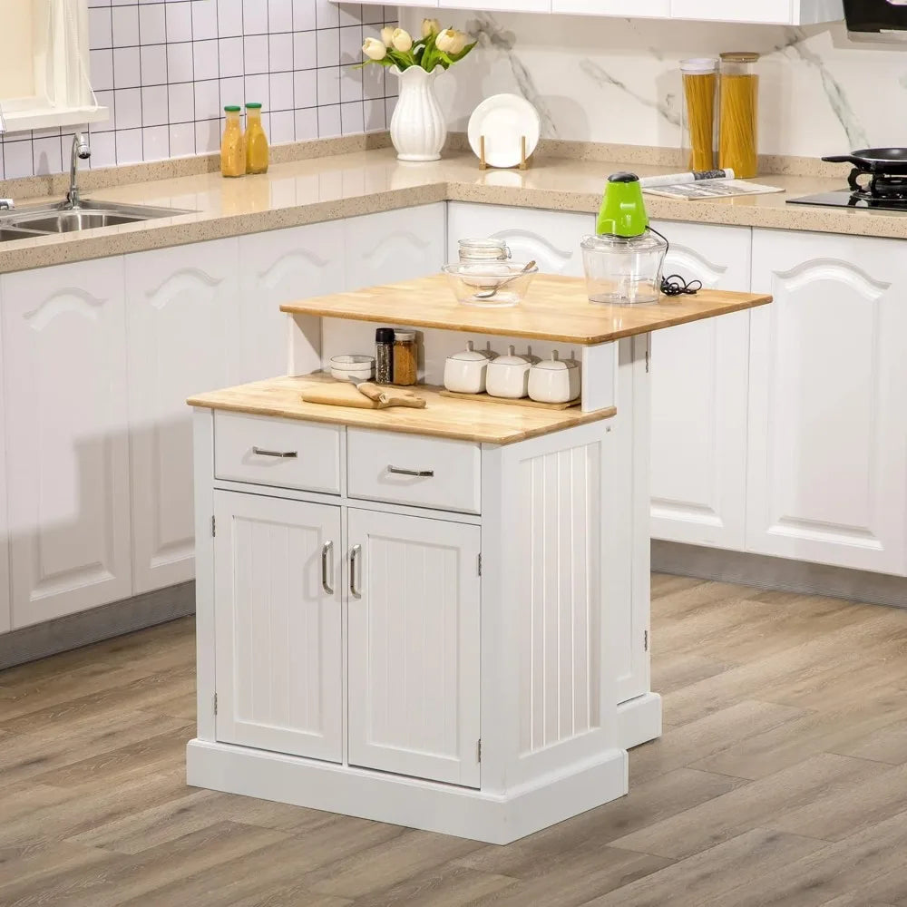 Kitchen Island Storage Cabinet with Adjustable Shelves Rubber Wood Top