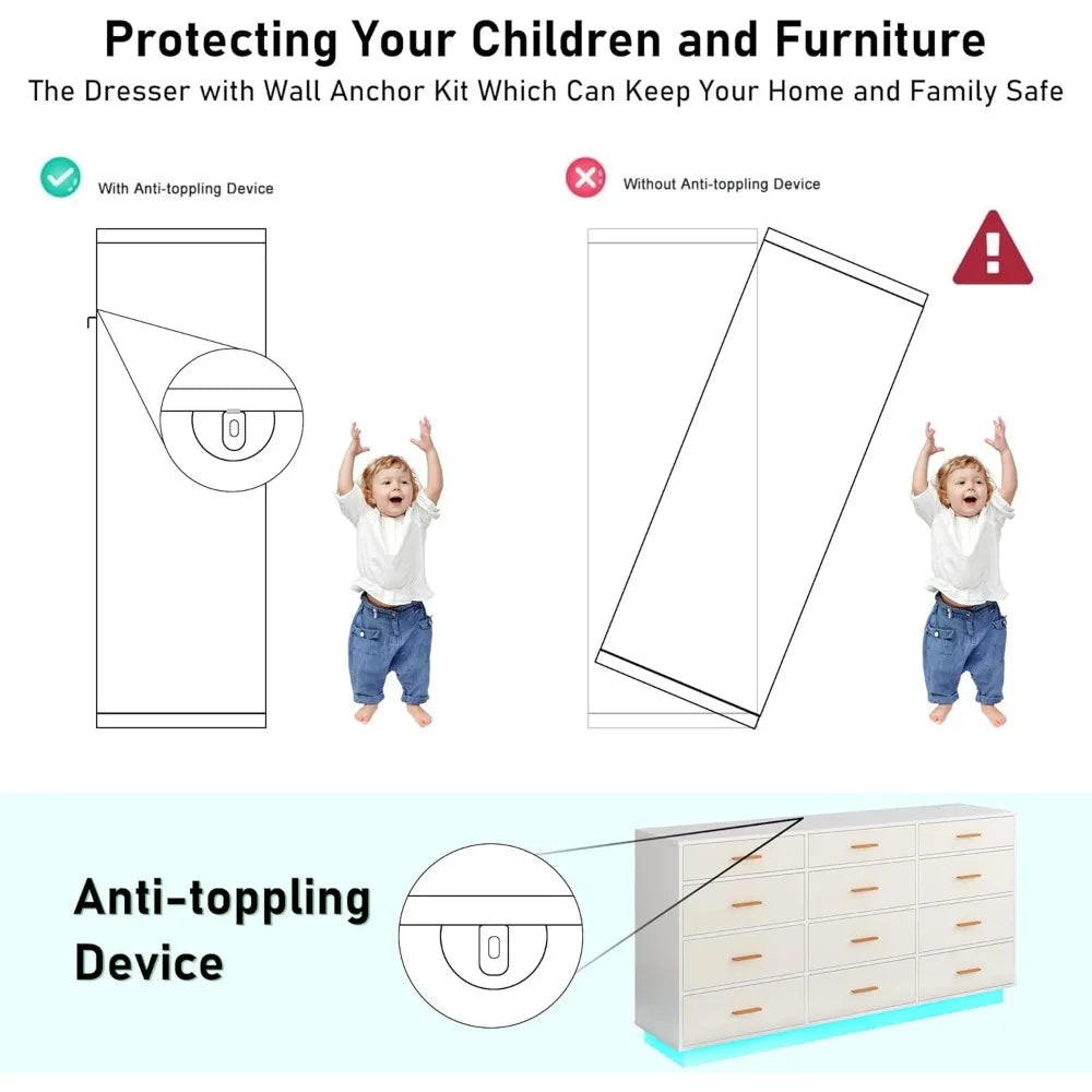 12 Drawer Dresser with Power Outlet LED Lights Storage Chest