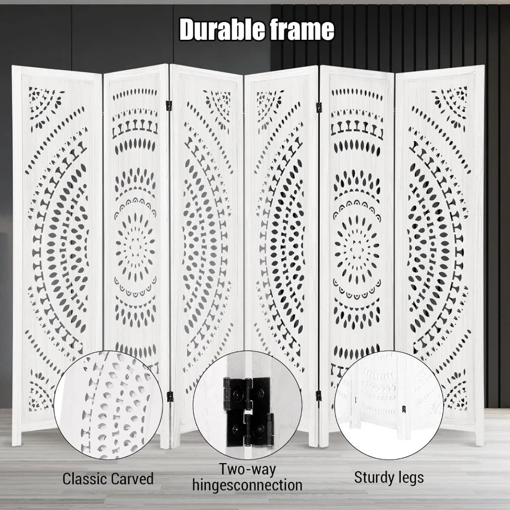 Folding Wood Carved Privacy Screen Room Divider 66.9Inch Freestanding