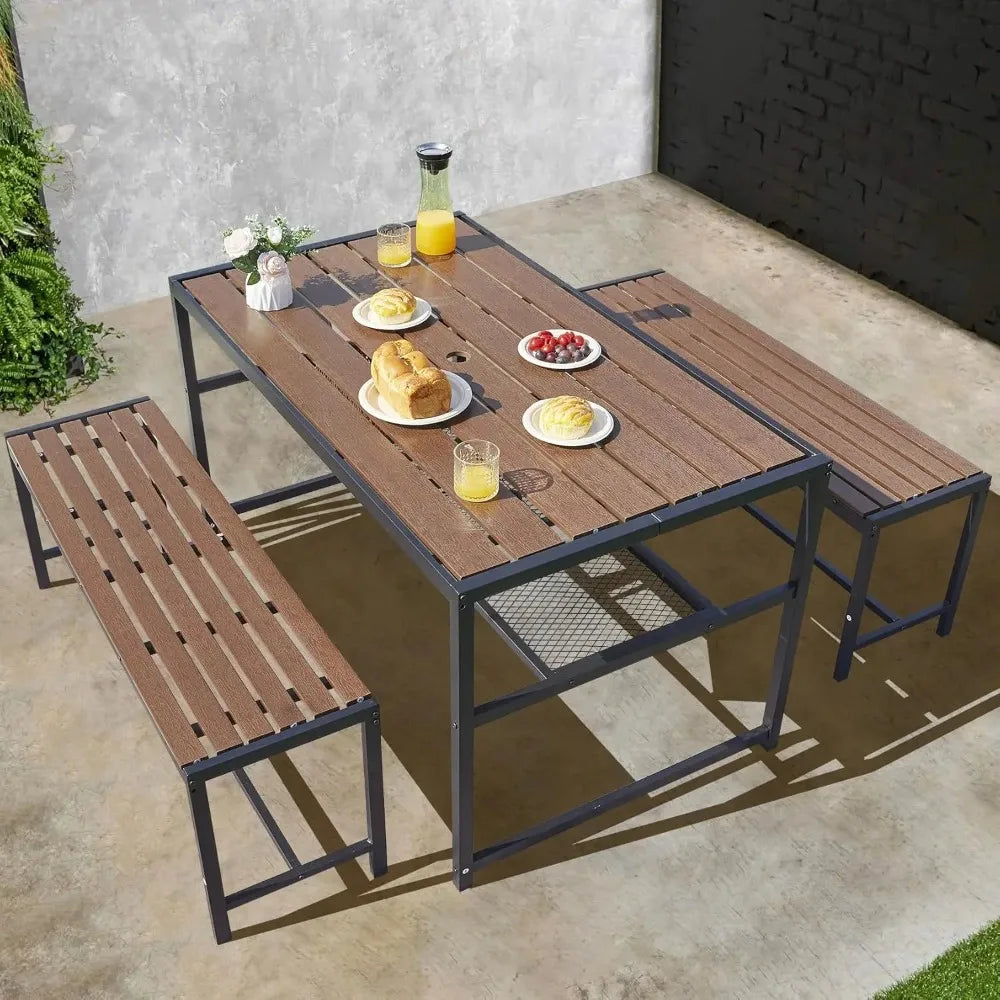 Outdoor Picnic Table Set with Umbrella Hole and Storage Shelf for 6