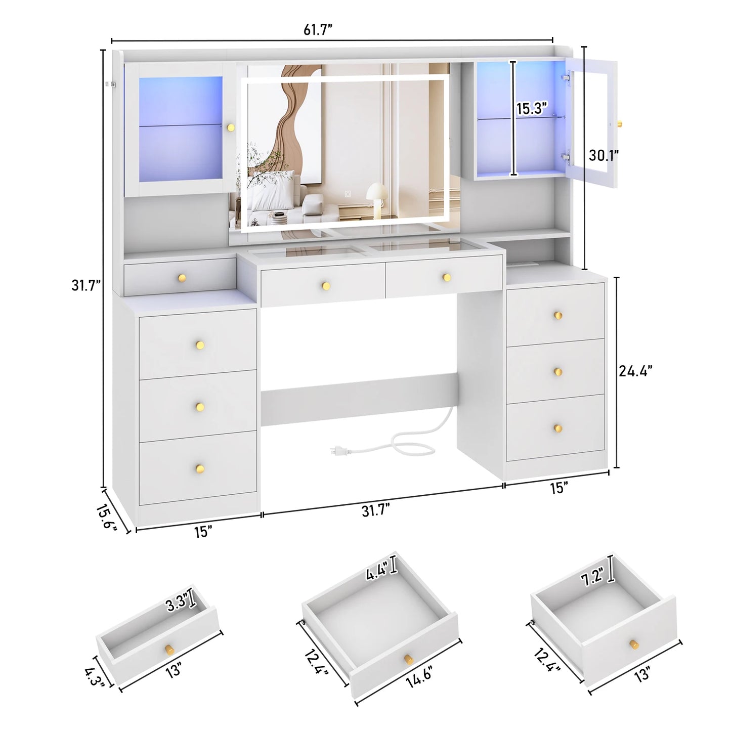 61.7" Large Vanity Desk with Mirror Lights Charging Station Storage