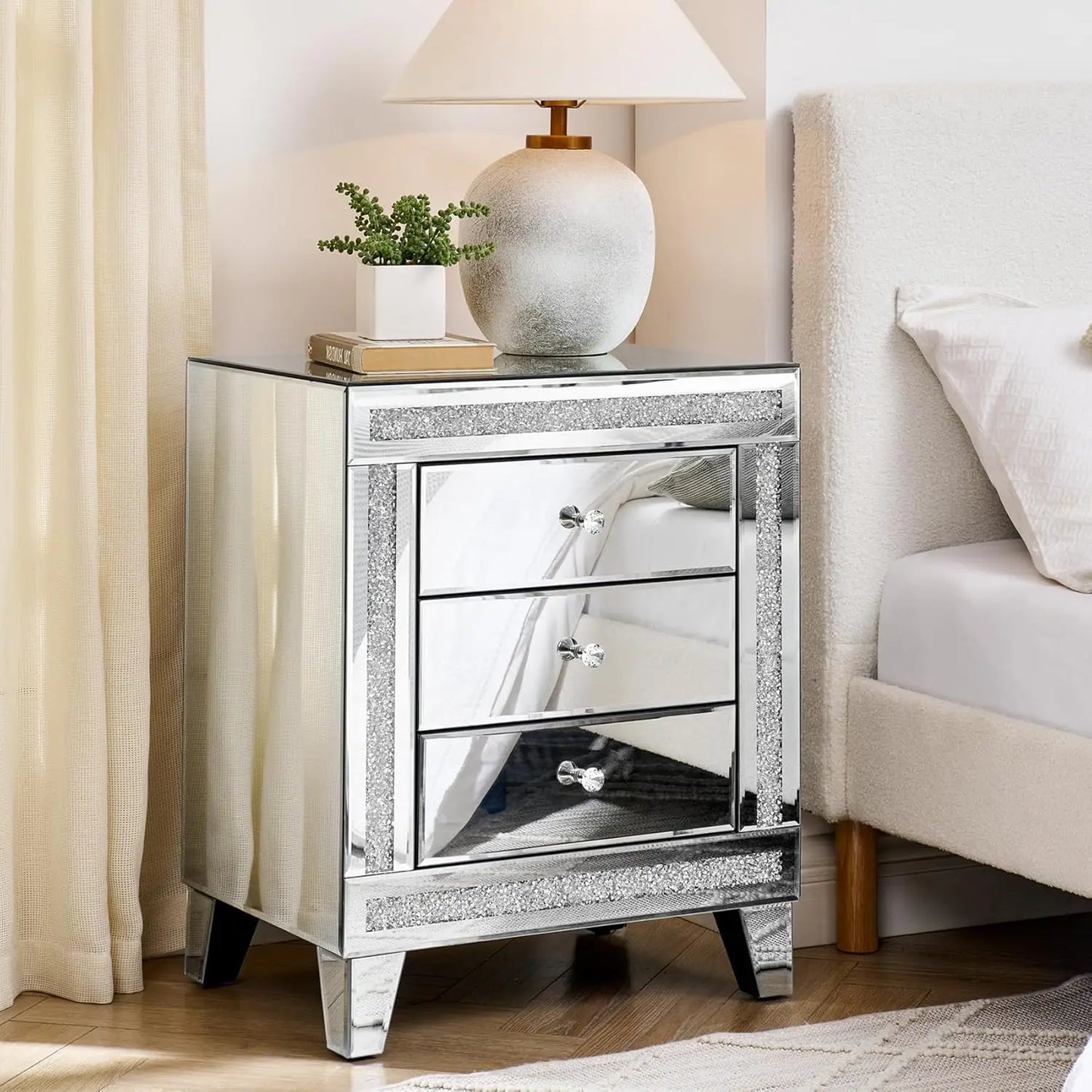 Luxury Crystal Mirrored Nightstand Bedside Cupboard Modern Furniture
