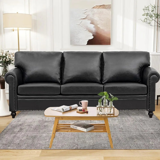 Ljustra Black Faux Leather 3-Seater Office Couch Modern Sofa