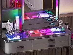 RGB Vanity Makeup Desk with 6 Drawers Smart Lighting and Charging Station