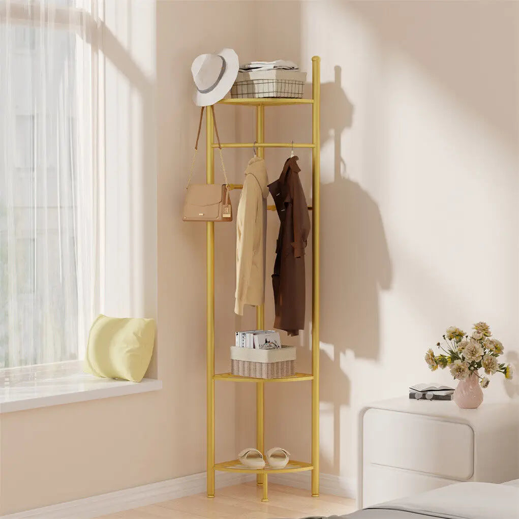 Metal Corner Coat Stand Free Standing Garment Rack with Storage Shelf