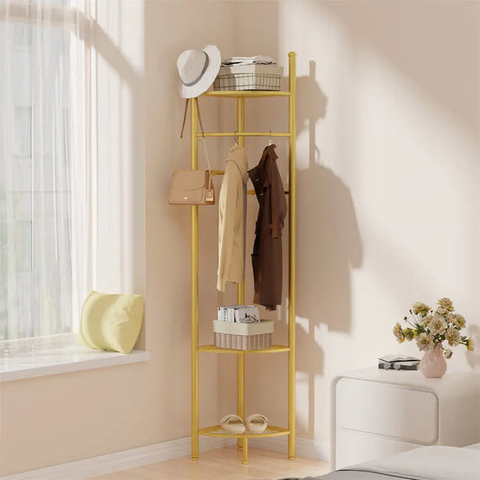 Metal Corner Coat Stand Free Standing Garment Rack with Storage Shelf