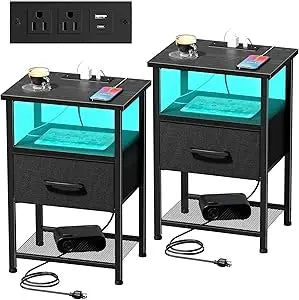 Nightstands Set of 2 with Charging Station LED Light Shelf Modern Design