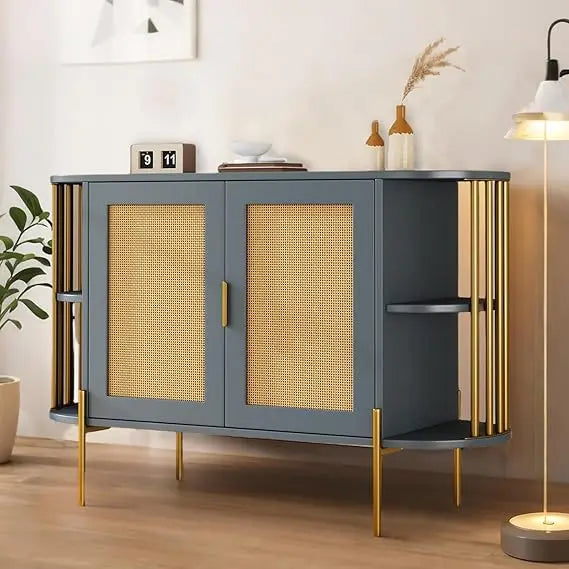 Rattan Sideboard Solid Wood Storage Buffet Console Cabinet Living Room