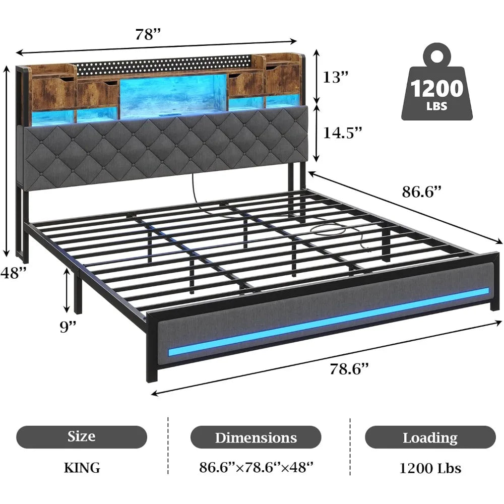 King Size Bed Frame with Storage Headboard LED Lighting Charging Station