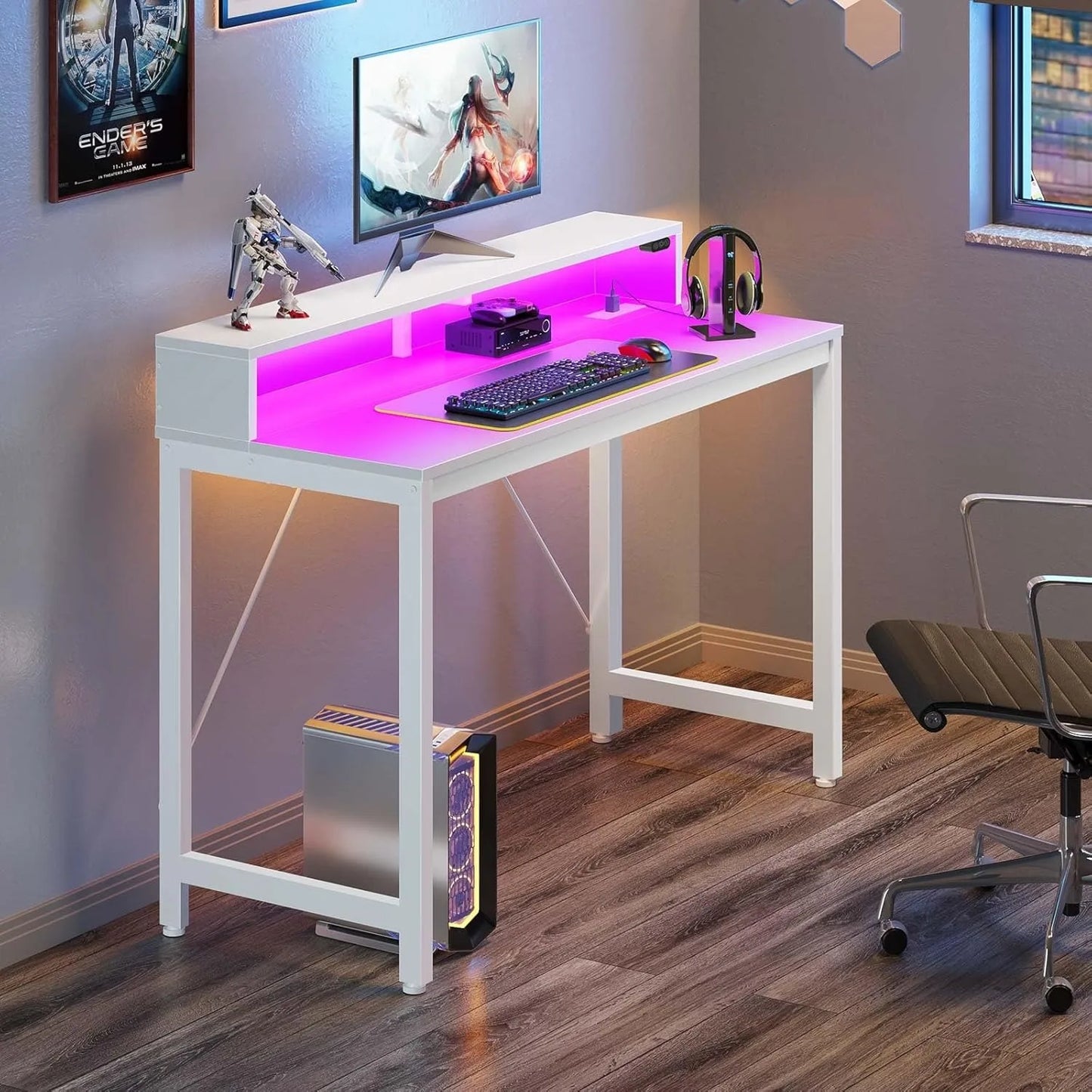 Computer Desk with LED Lights Power Outlets Gaming Writing Home Office