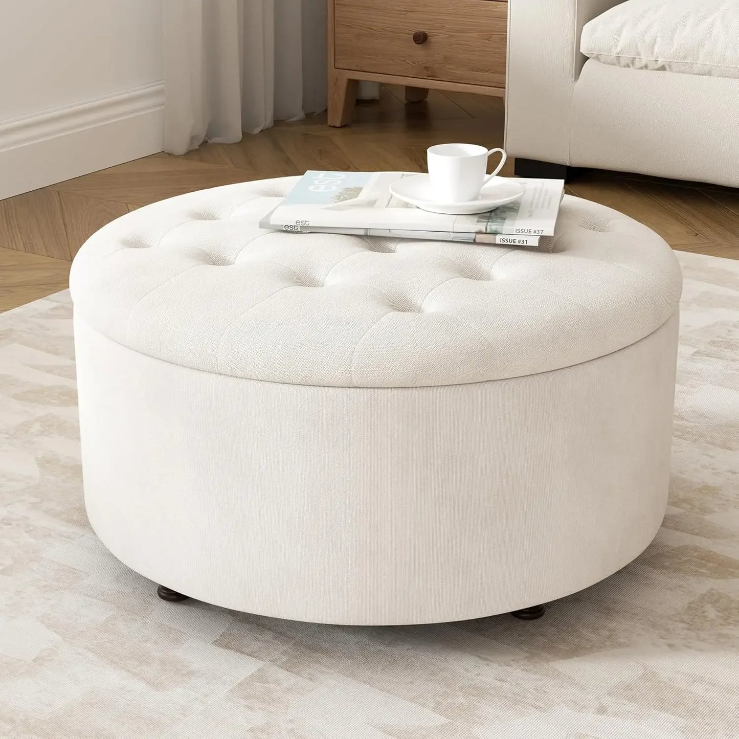 30 Inch Round Storage Ottoman Modern Tufted Coffee Table Upholstered