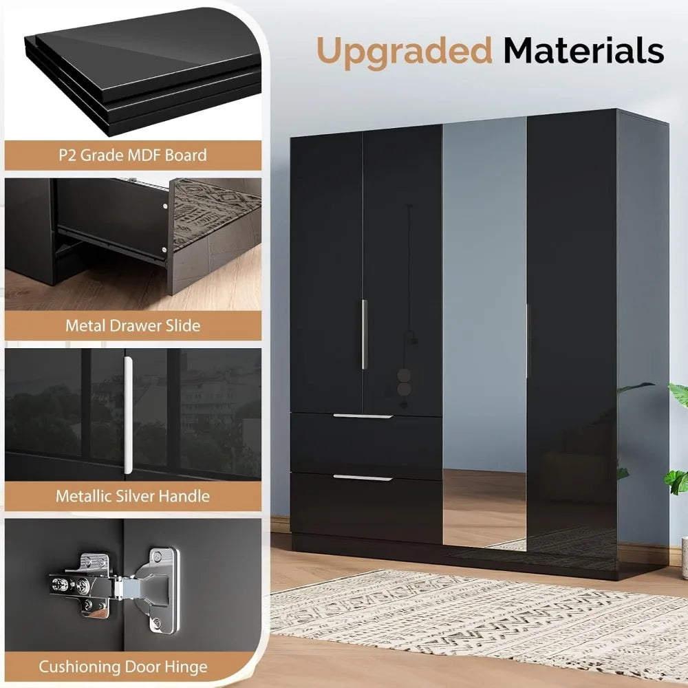 Modern 63" Wardrobe Closet with Mirror 4 Doors Armoire Cabinet Storage