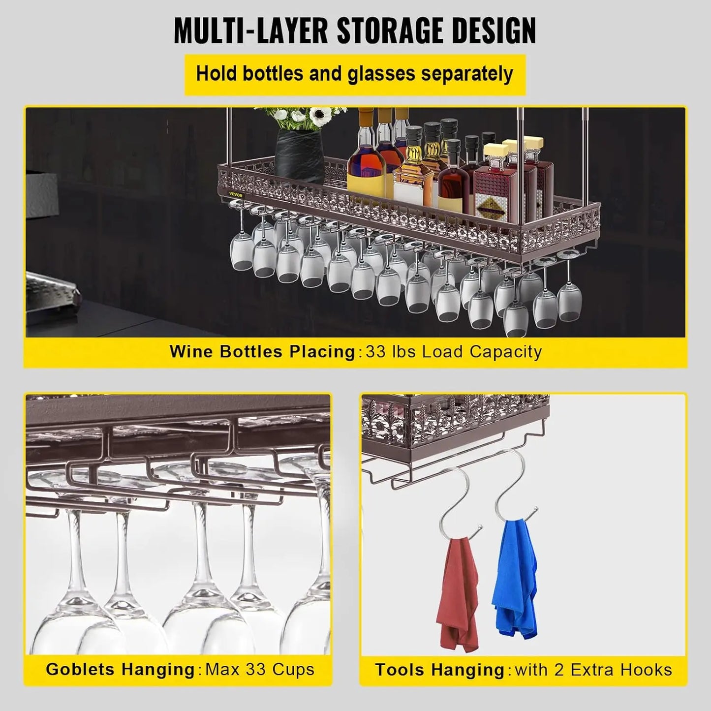 Ceiling Wine Glass Rack Adjustable Hanging Wine Rack for Kitchen Bar