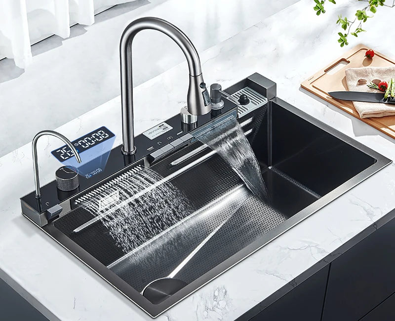 Large Stainless Steel Kitchen Sink with Waterfall Faucet and Display