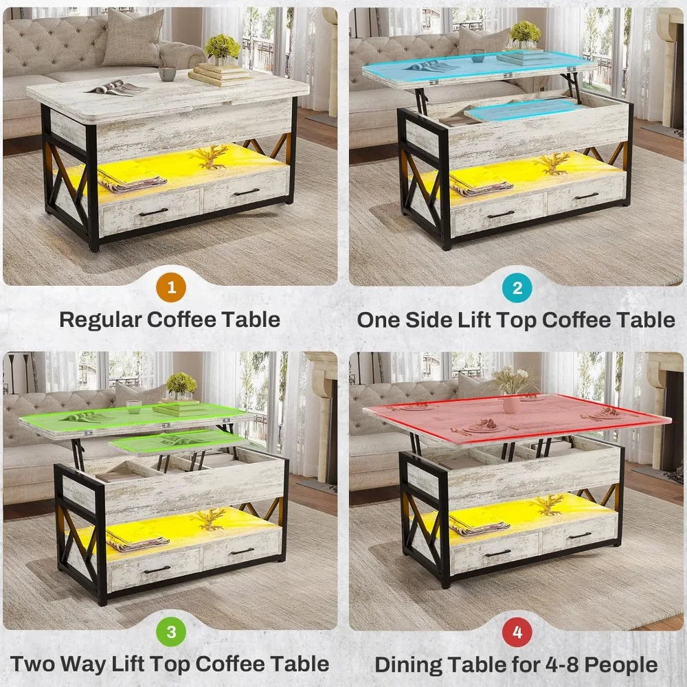 40 Inch Lift Top Coffee Table with Storage LED Light and Drawers