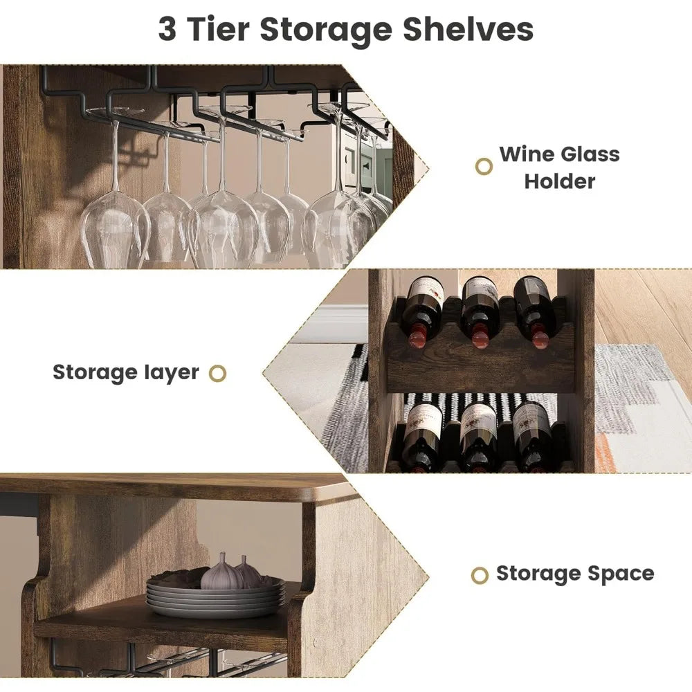 Bar Table and Chairs Set for 2 with Triple-Tier Wine Rack and Glass Holder