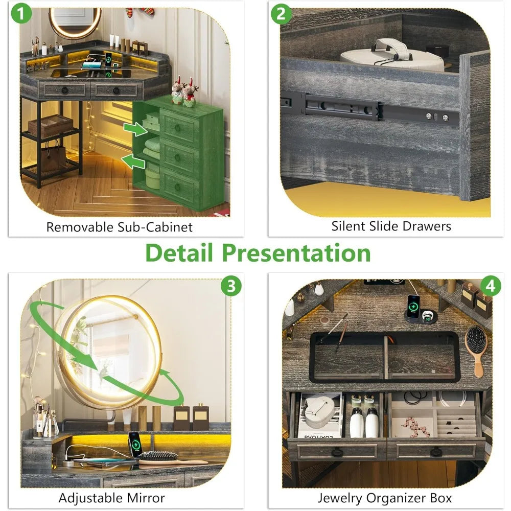 Corner Vanity Desk with LED Mirror Charging Station Makeup Organizer