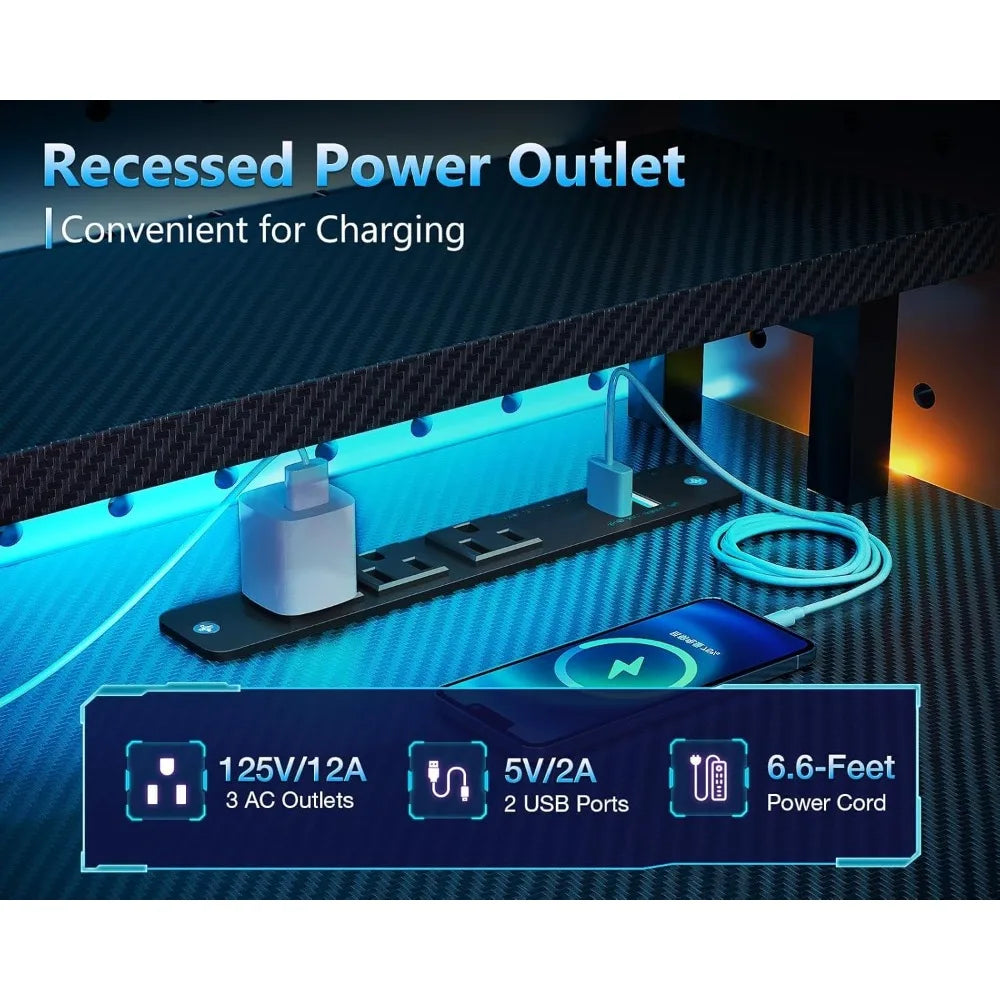 59 Inch Gaming Desk with USB Ports LED Light Reversible Storage Shelves