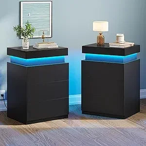 LED Nightstands Set of 2 with Charging Station and RGB Lights Modern