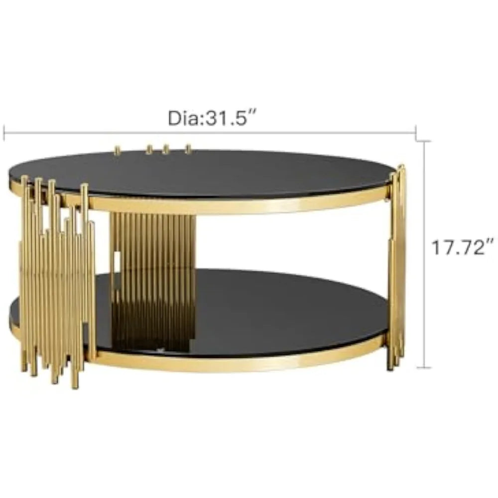 Luxury Modern 2 Tier Round Coffee Table Black Glass Gold Frame