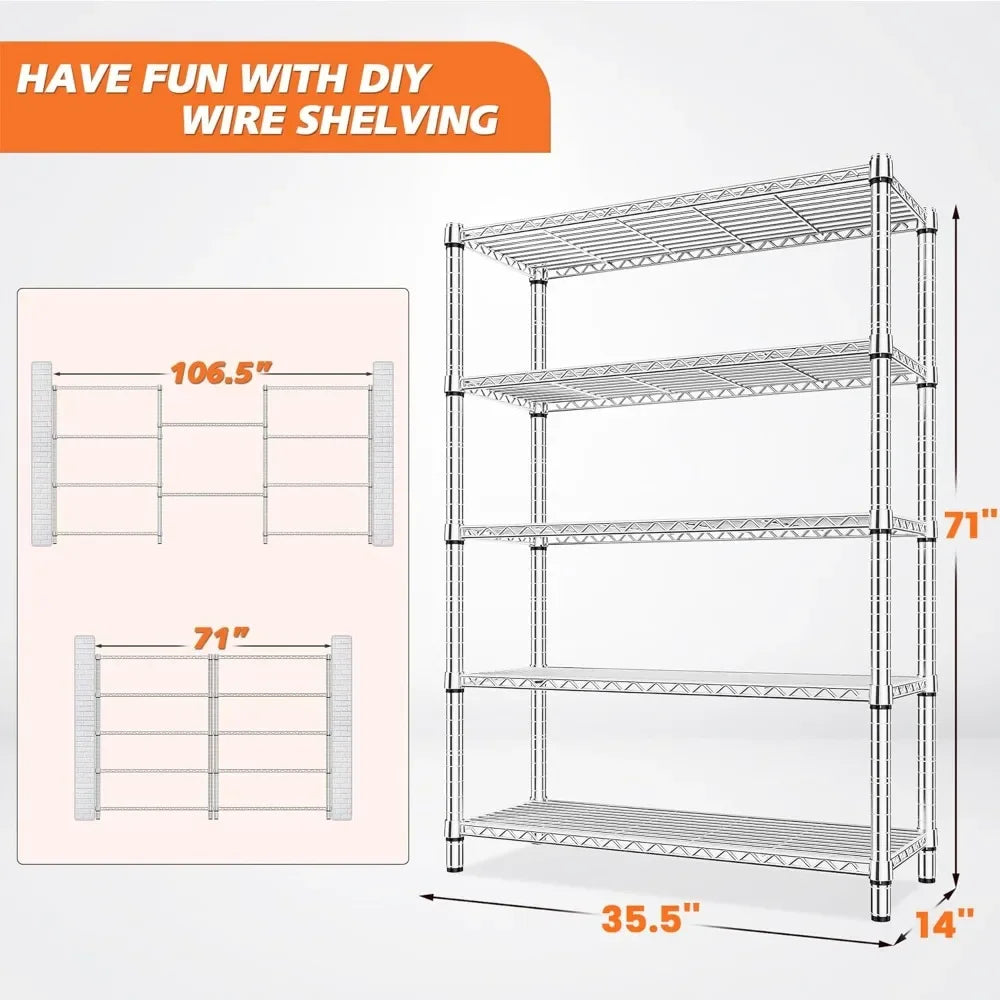 Heavy Duty 5-Tier Wire Shelving Adjustable Storage Rack 1200LBS Capacity