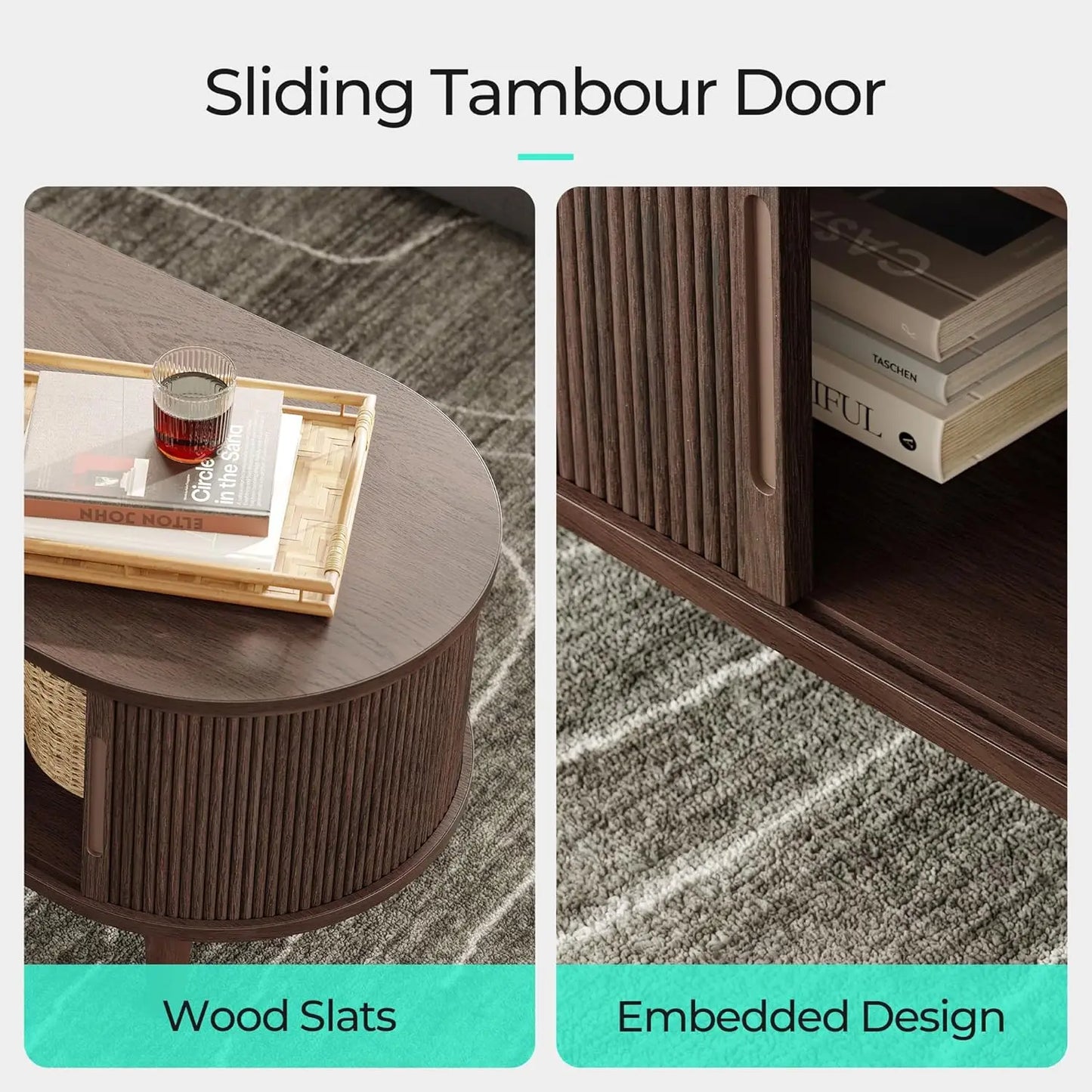 Mid Century Modern Coffee Table with Sliding Tambour Door Storage