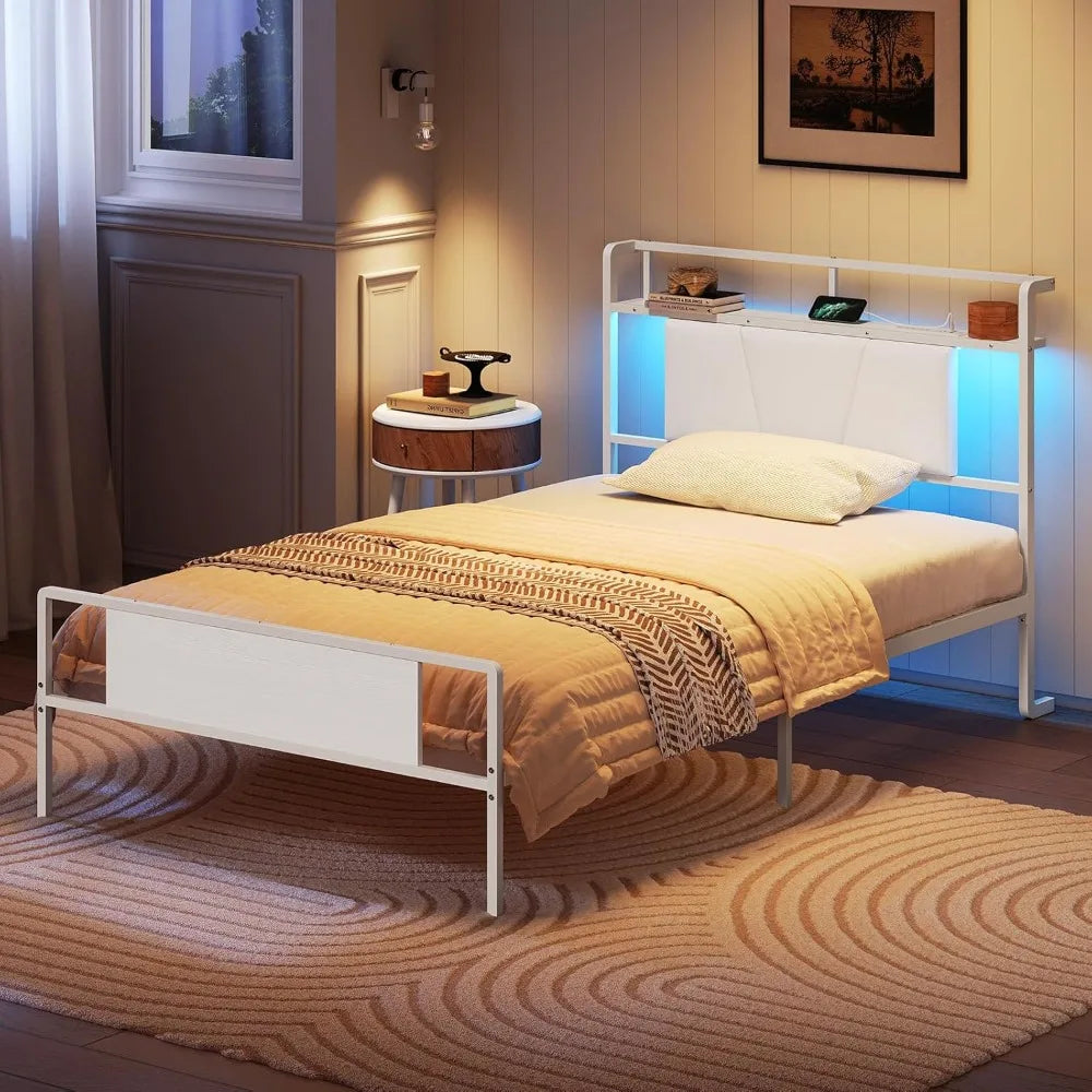 Twin Bed Frame Upholstered Headboard LED Charging Station Storage
