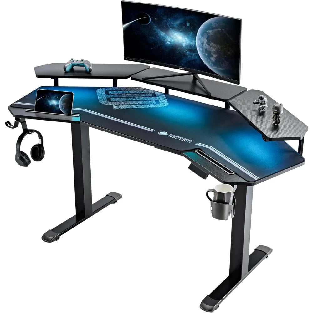 Gaming Desk Adjustable Height Standing Desk 63 Inch Wing Shaped Workstation