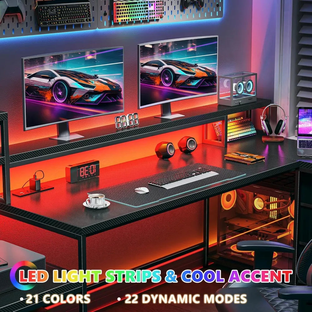 L Shaped Gaming Desk with LED Lights and 3 Drawers Reversible Workstation