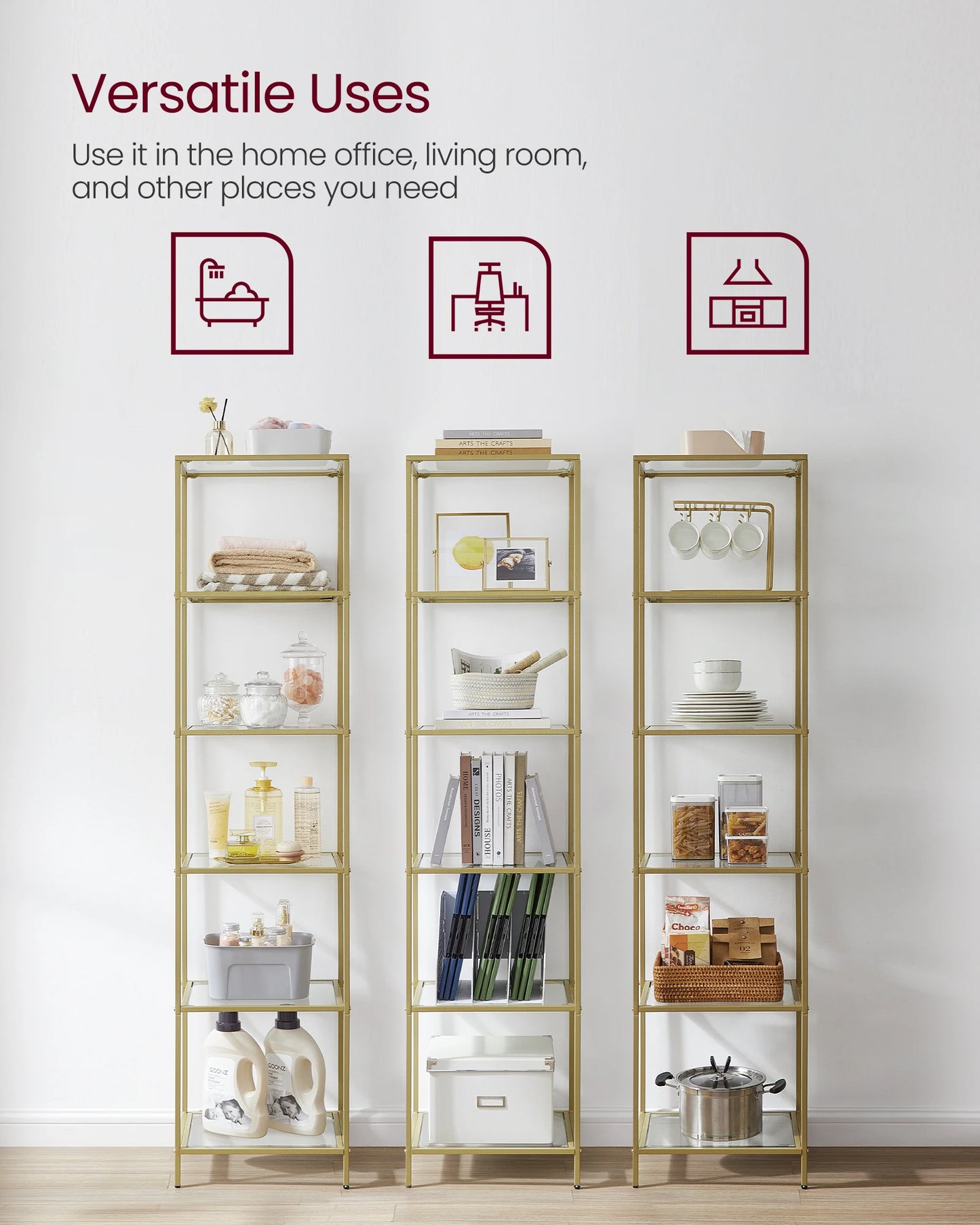 Ljustra 6-Tier Slim Bookshelf Tempered Glass Steel Frame Modern Design