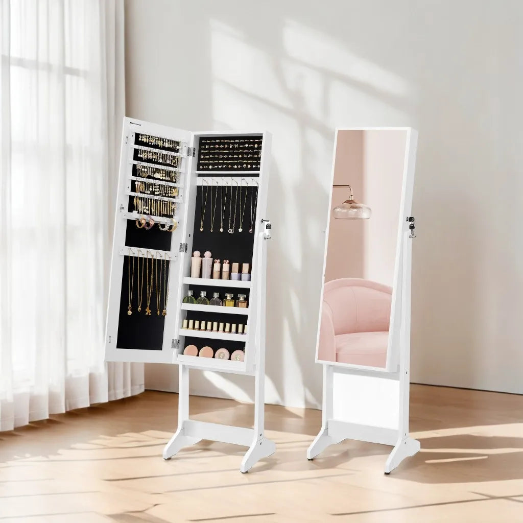 Lockable Jewelry Cabinet Full-Length Mirror 360° Rotatable Storage