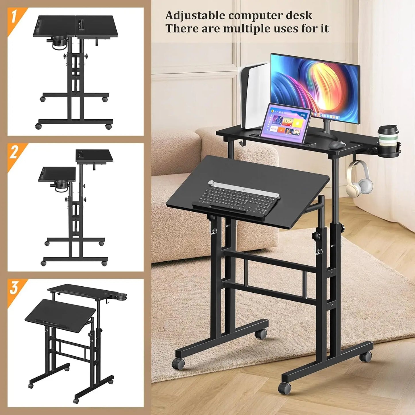 Mobile Standing Desk with Wheels Portable Adjustable Height Office Table
