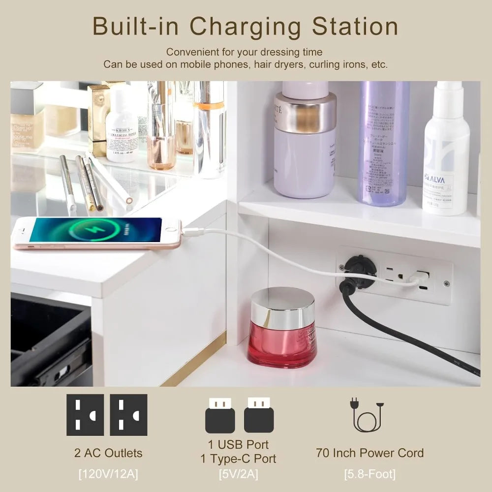 54 Inch Tall Vanity Desk with Large Mirror 5 Drawers and Shelves