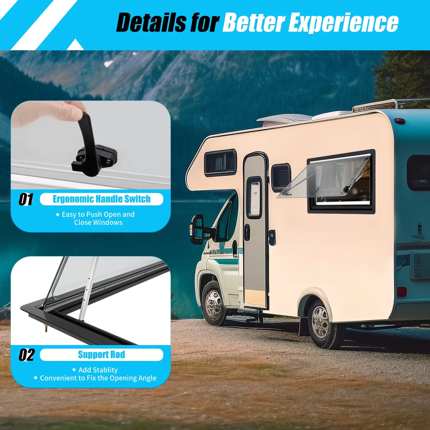 RV Ventilation Window 900x500mm Camper Hatch 70 Degree Adjustable