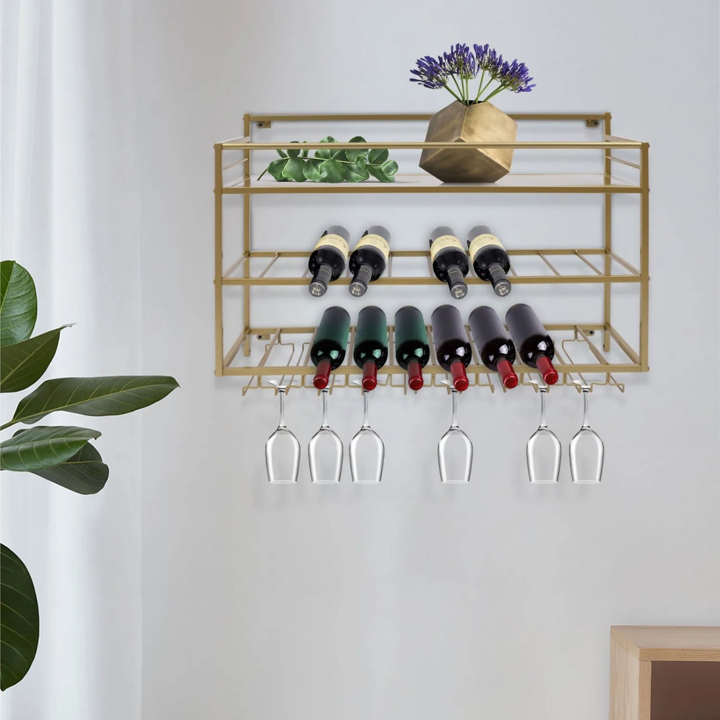 Wall Mounted Metal Wine Rack 3 Layer Bottle Storage Shelf Goblet Holder