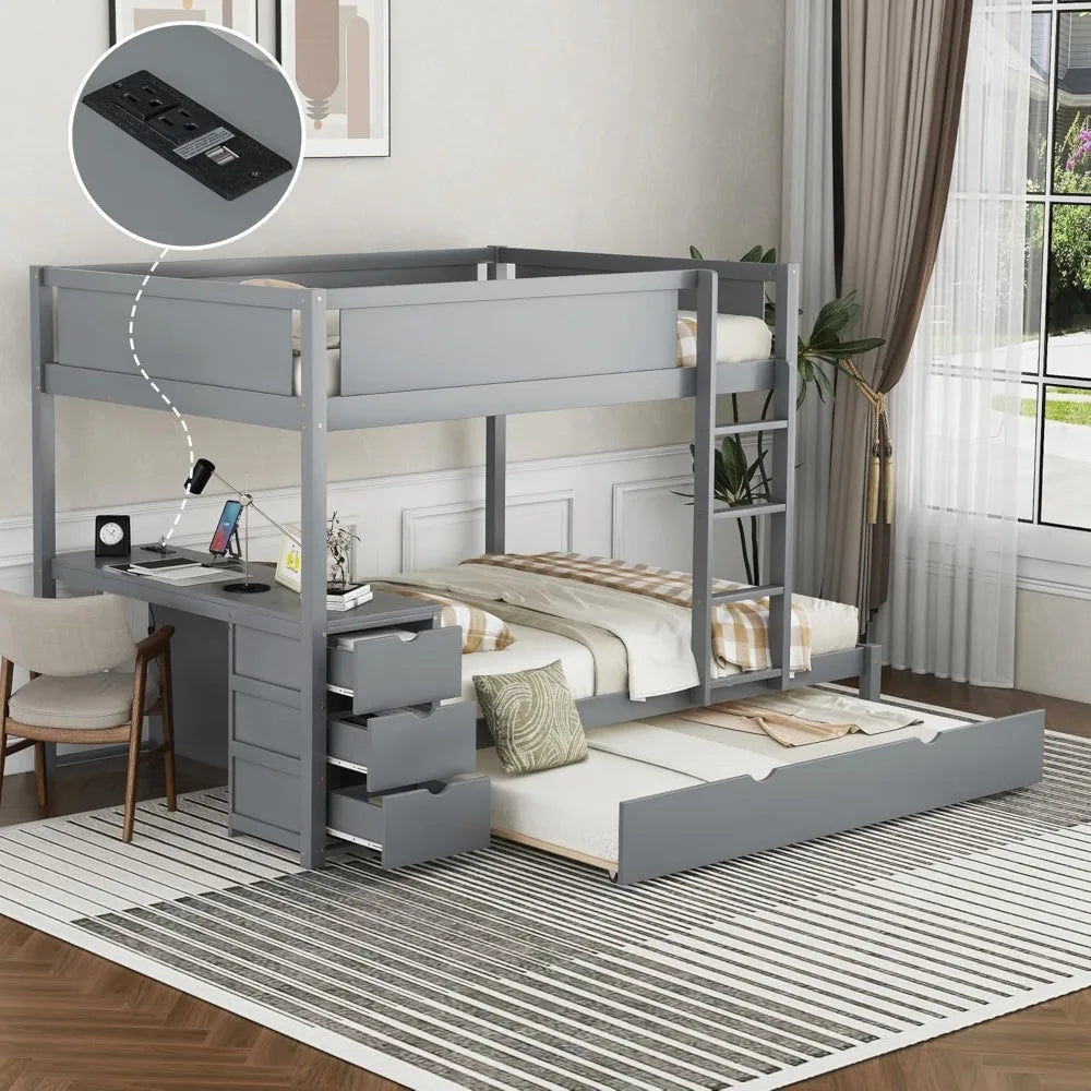 Full Over Full Bunk Bed with Trundle and USB Ports for Kids Room