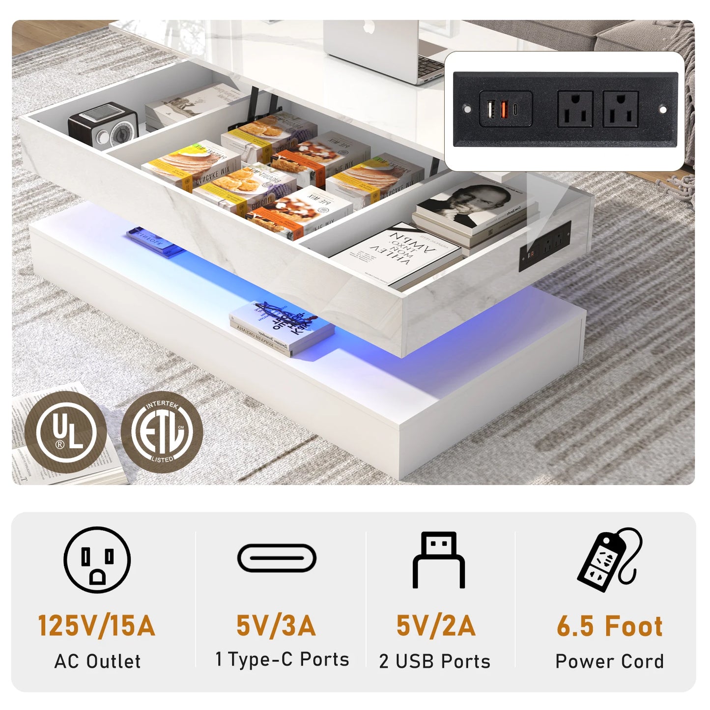 Ljustra LED Coffee Table High Gloss Modern Center Table with Storage