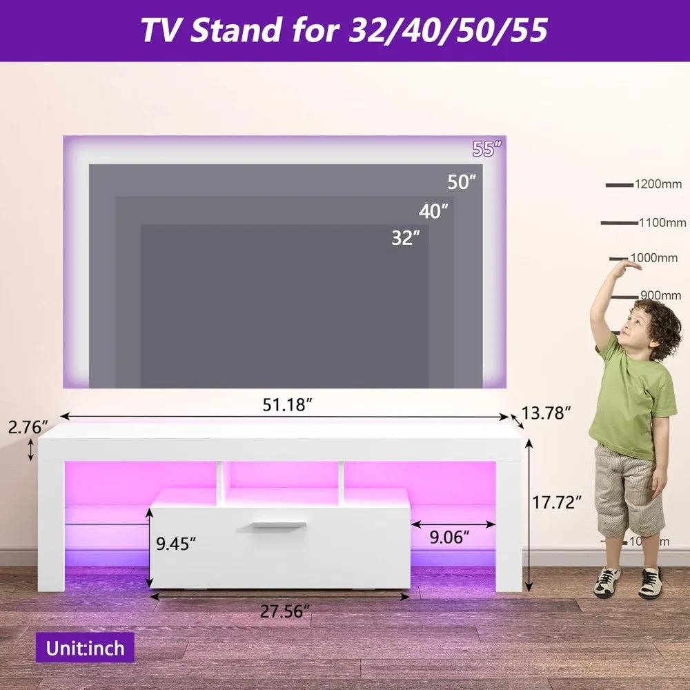 Modern White LED TV Stand with Large Storage Drawer for Living Room