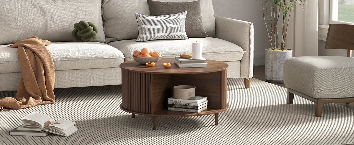 Round Coffee Table with Storage Mid Century Modern Sliding Door Table
