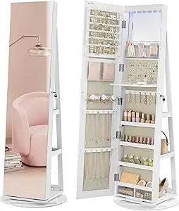 6 LED Lockable Mirror Jewelry Cabinet 360° Swivel Armoire Organizer