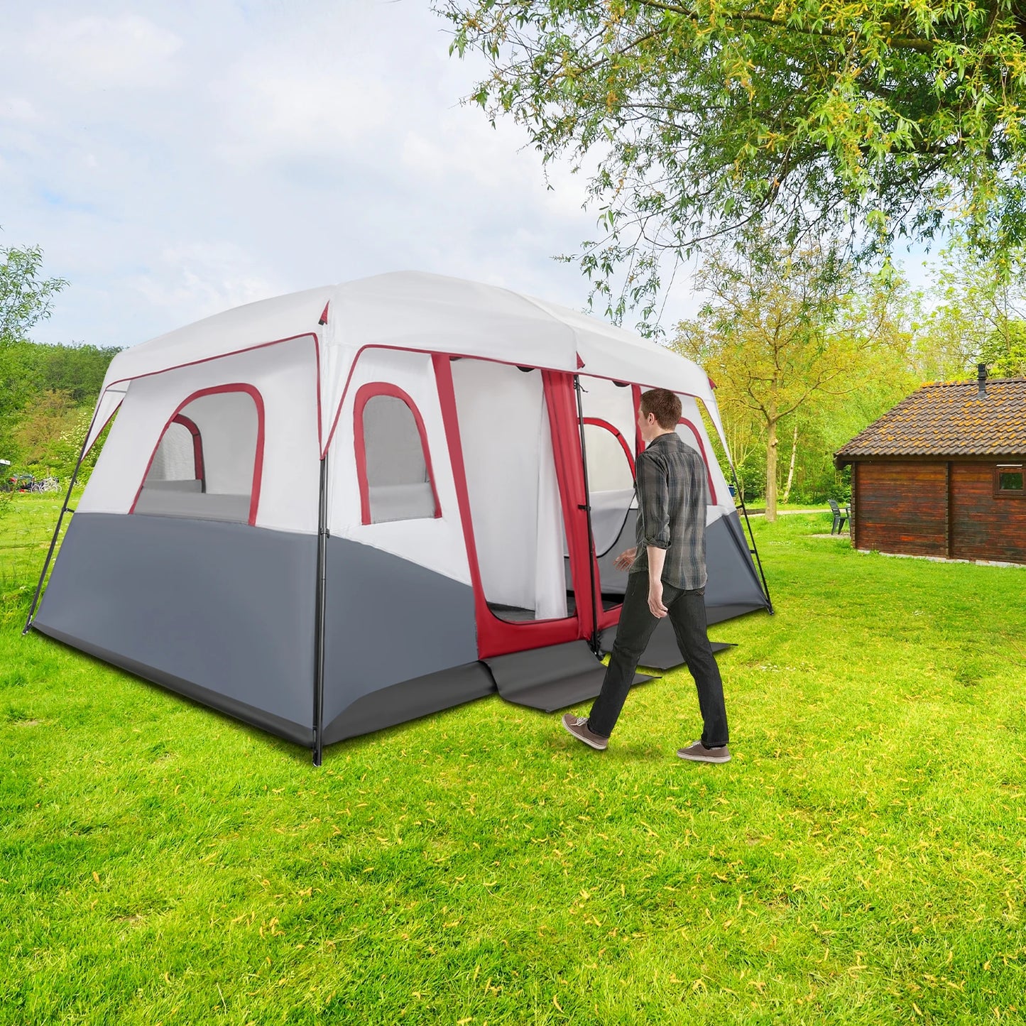 Outdoor Camping Tent for 8-12 People with Storage Pocket and Zippers